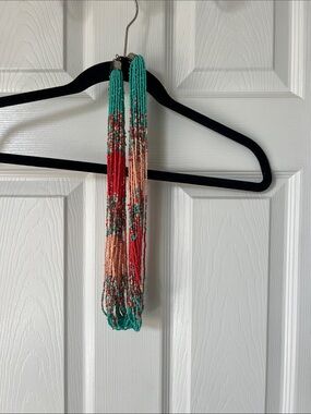 Multi-Strand Beaded Necklace - Teal, Coral & Peach